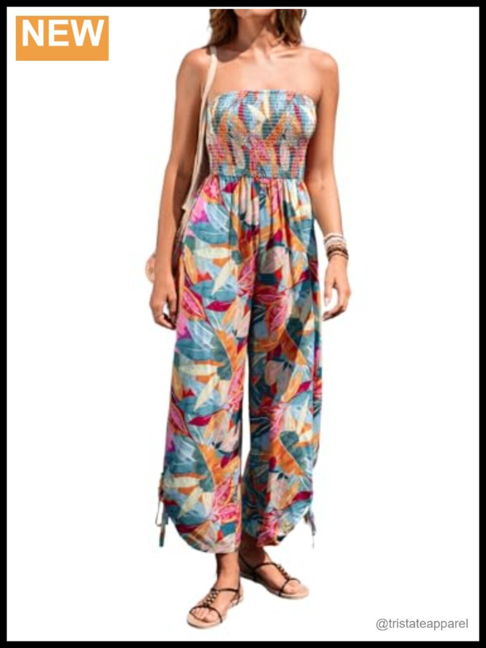 Strapless Smocked Wide-Leg Cropped Jumpsuit 100% Rayon Vacation Resort Wear